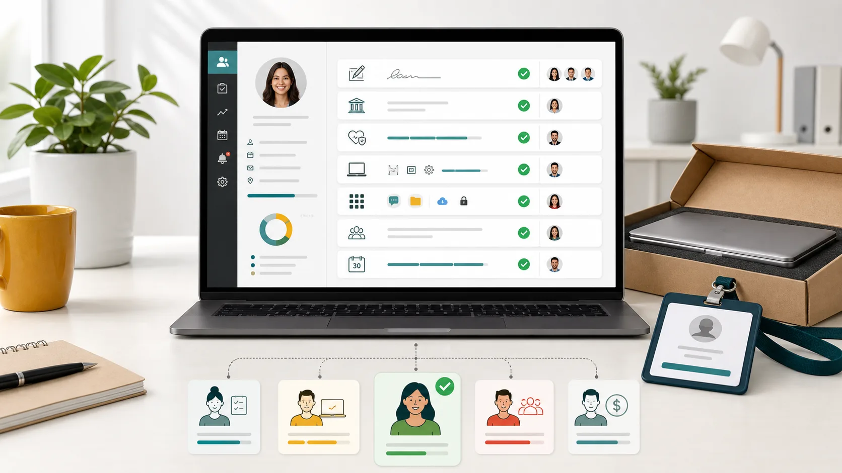 Automated new-hire onboarding workflow across HR, IT, payroll, benefits, and manager tasks