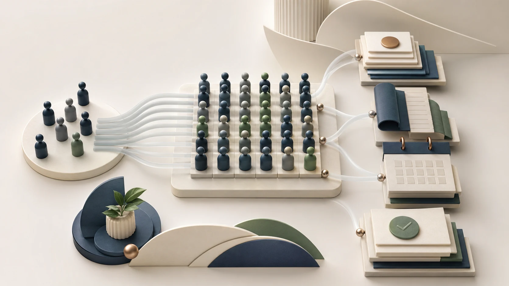 Abstract payroll operations connecting a growing small-business workforce with records, a pay calendar, and compliance workflows