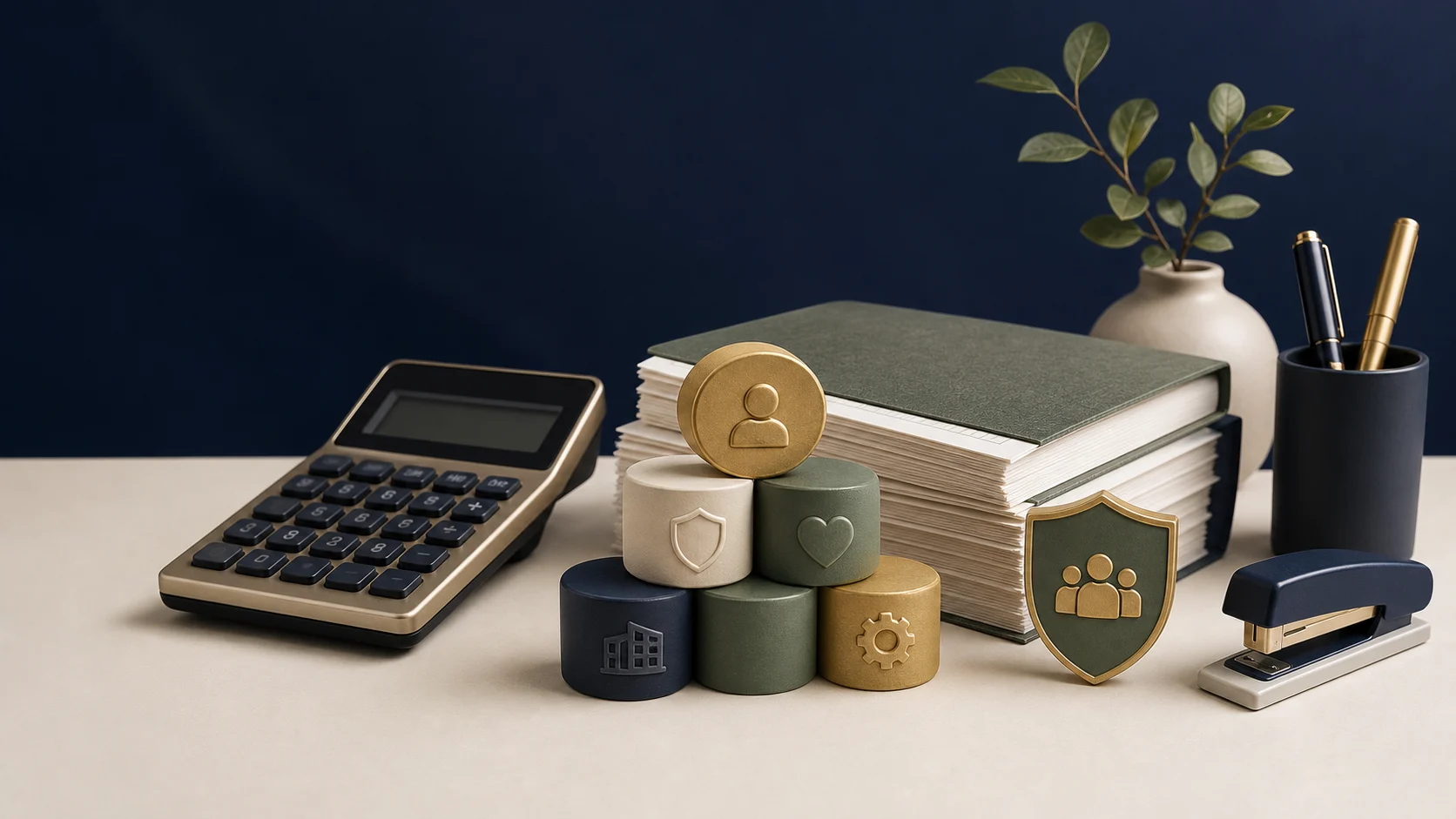 Employee cost planning desk with a calculator, payroll ledger, benefits symbols, and overhead markers