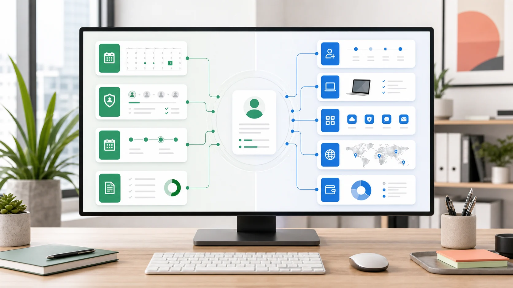Workforce software comparison with payroll and benefits on one side and HR, device, and app workflows on the other