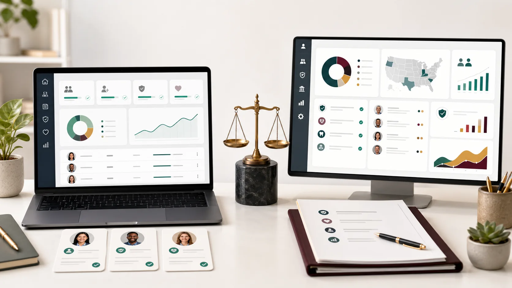 Side-by-side PEO dashboards for payroll, benefits, compliance, and HR support