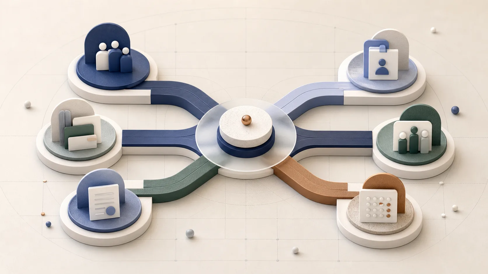 Six balanced pathways extend from one decision point to represent different HR service models